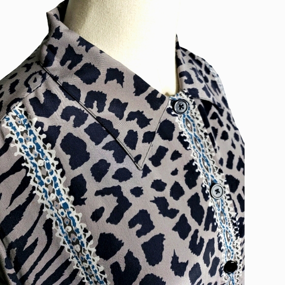 Vintage Mixed Animal Chetah Zebra Havana Bowling Tunic Retro Style Silk Shirt L - Picture 1 of 13
